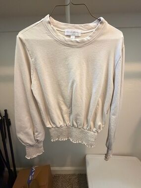 Light Cream Long-Sleeve Pullover Top with Smocked Hem